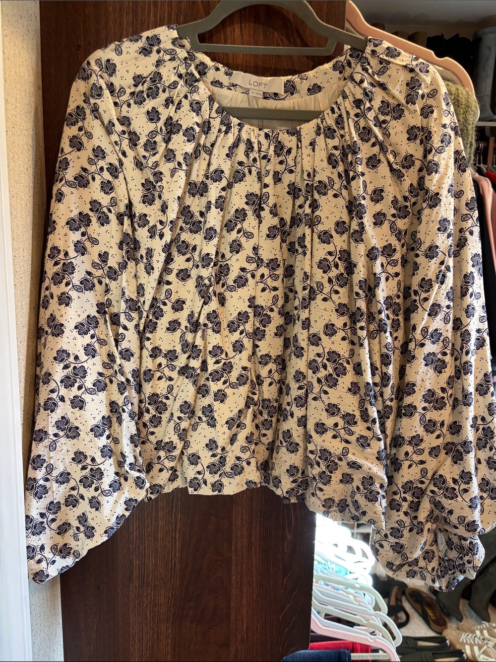 LOFT Navy Floral Peasant Blouse on White